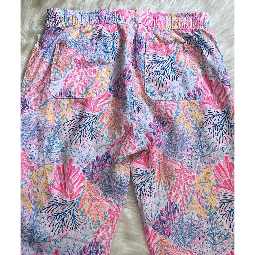 Lilly Pulitzer Taron 100% Linen Pants M Coastal Coral Print Drawstring Pull On - Picture 12 of 15